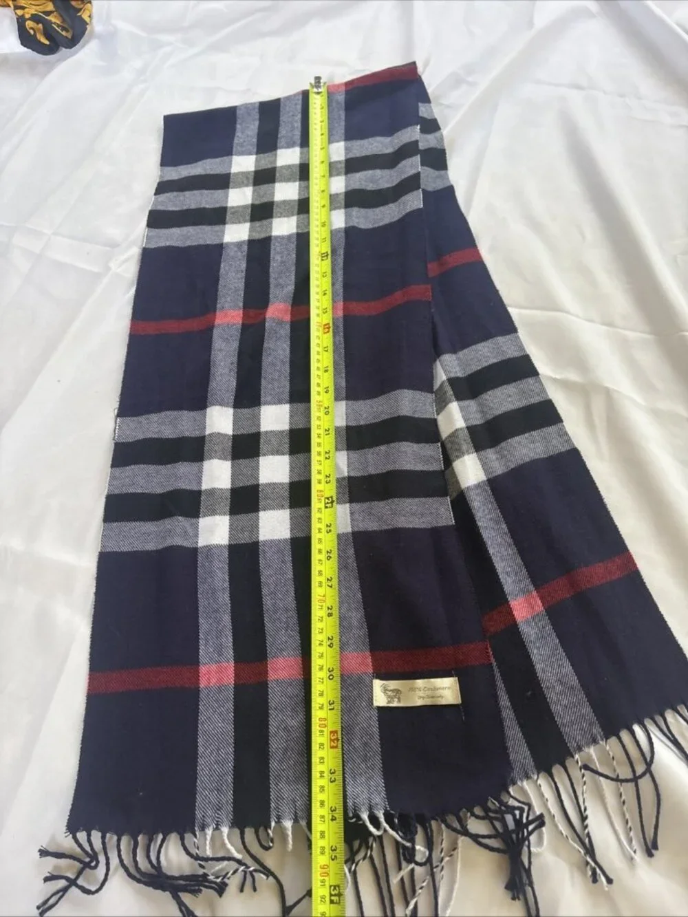 100% Cashmere Plaid Scarf Navy Red White Fringe Winter Unisex Cozy Classic Desig